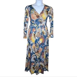 NEW Cathy‎ blue feather flower v-neck long sleeve long maxi dress with pockets S